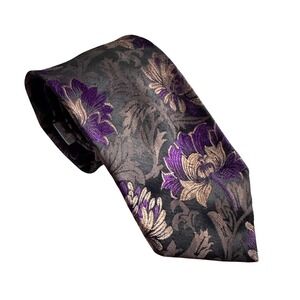Jack Fraser Mens Silk Blend Jacquard Floral‎ Necktie Purple Gold Black